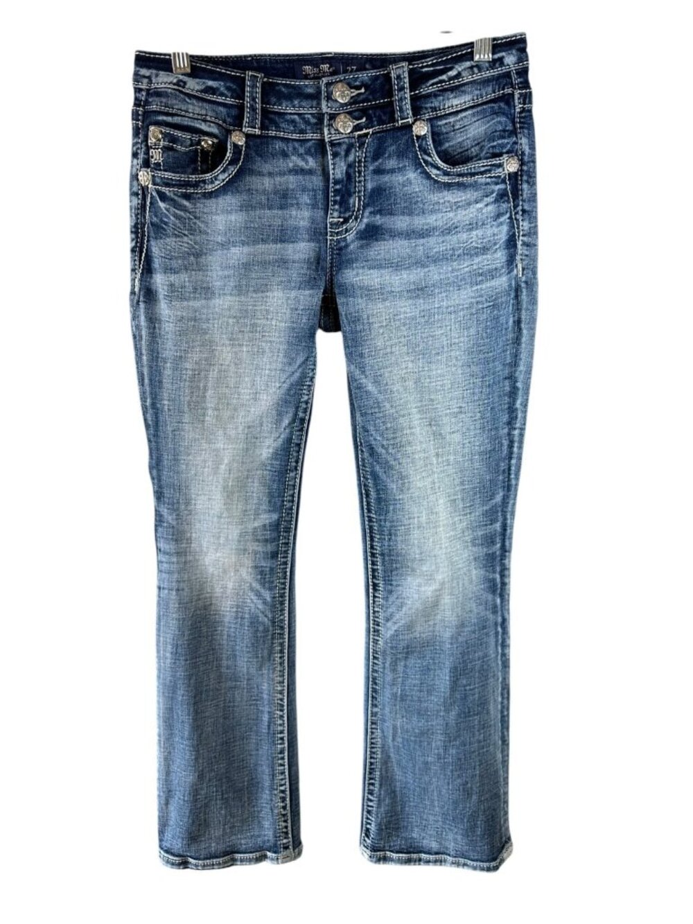 Miss Me Low Rise Boot Embroidered Back Pocket Blingy Jeans Size 27 Medium Wash